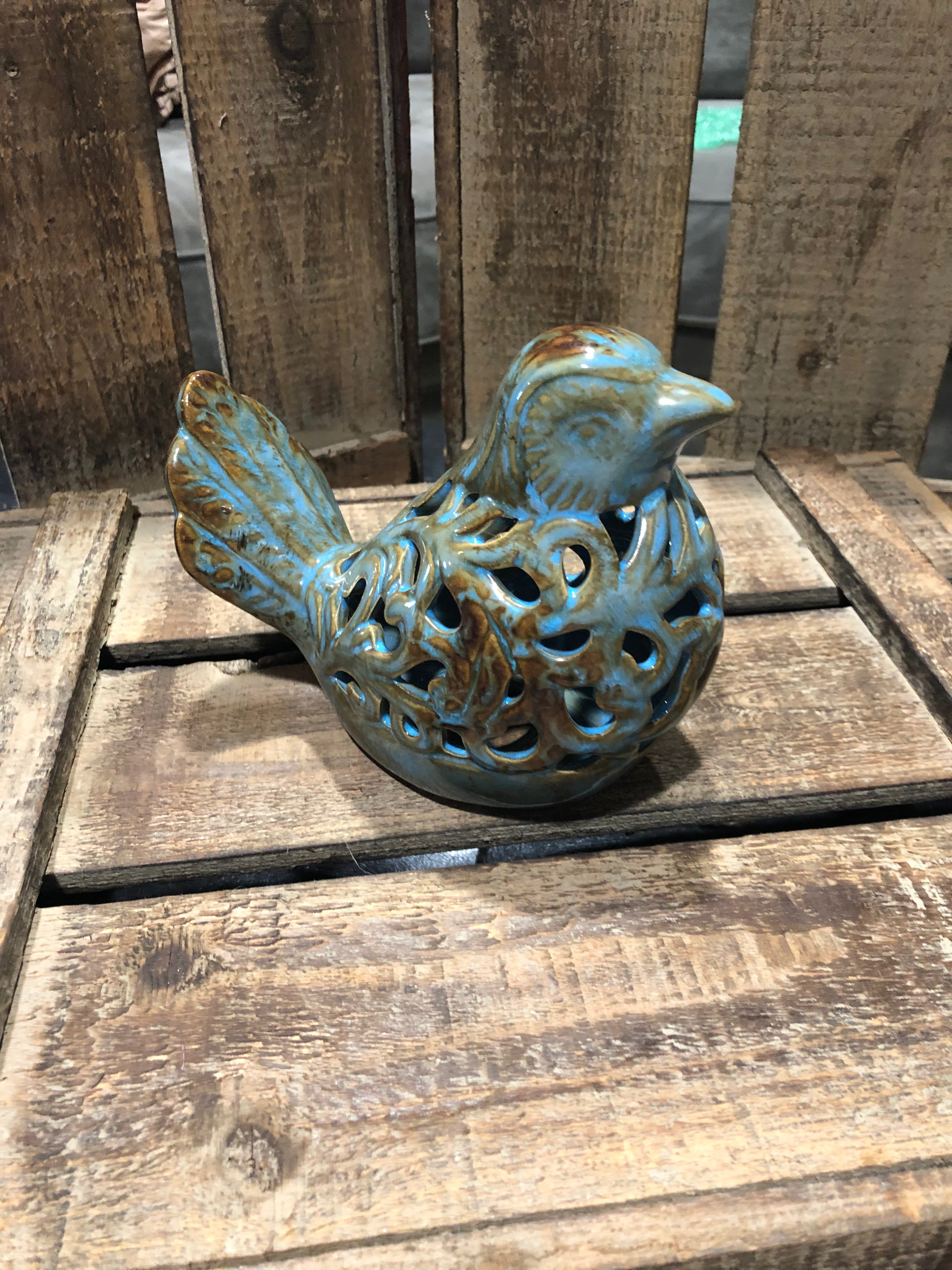 Light Blue and Brown Glazed Bird Figurine
