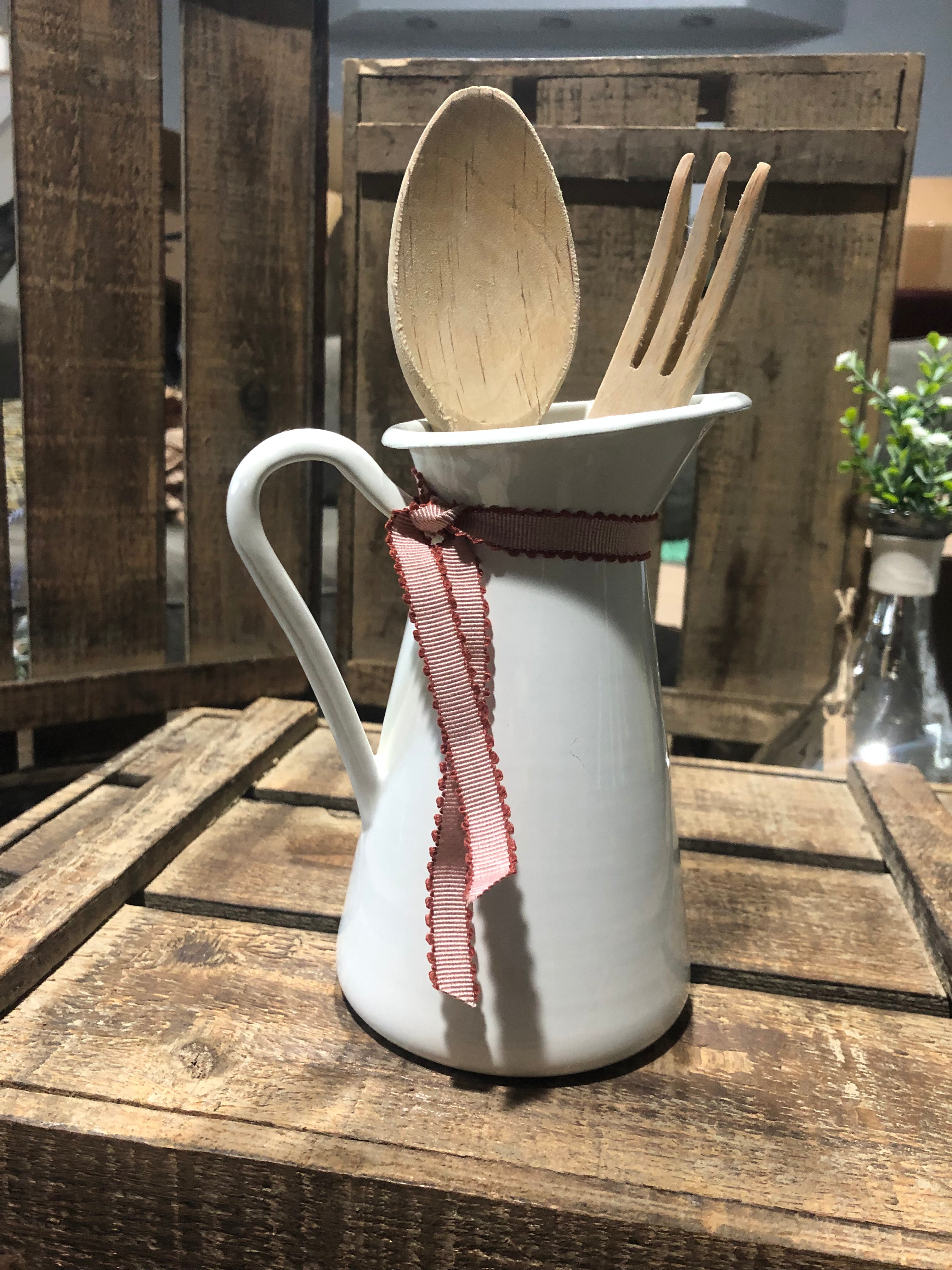 White Enamel Pitcher with Antique wooden Utensils