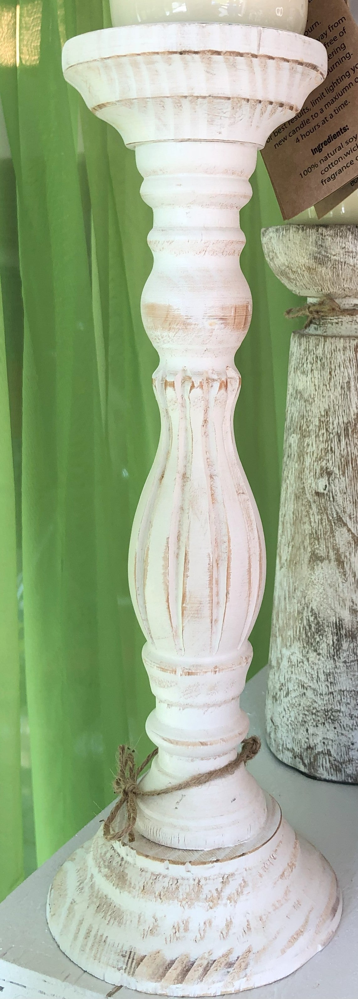 White Candlestick with Light Wood Distress Accents