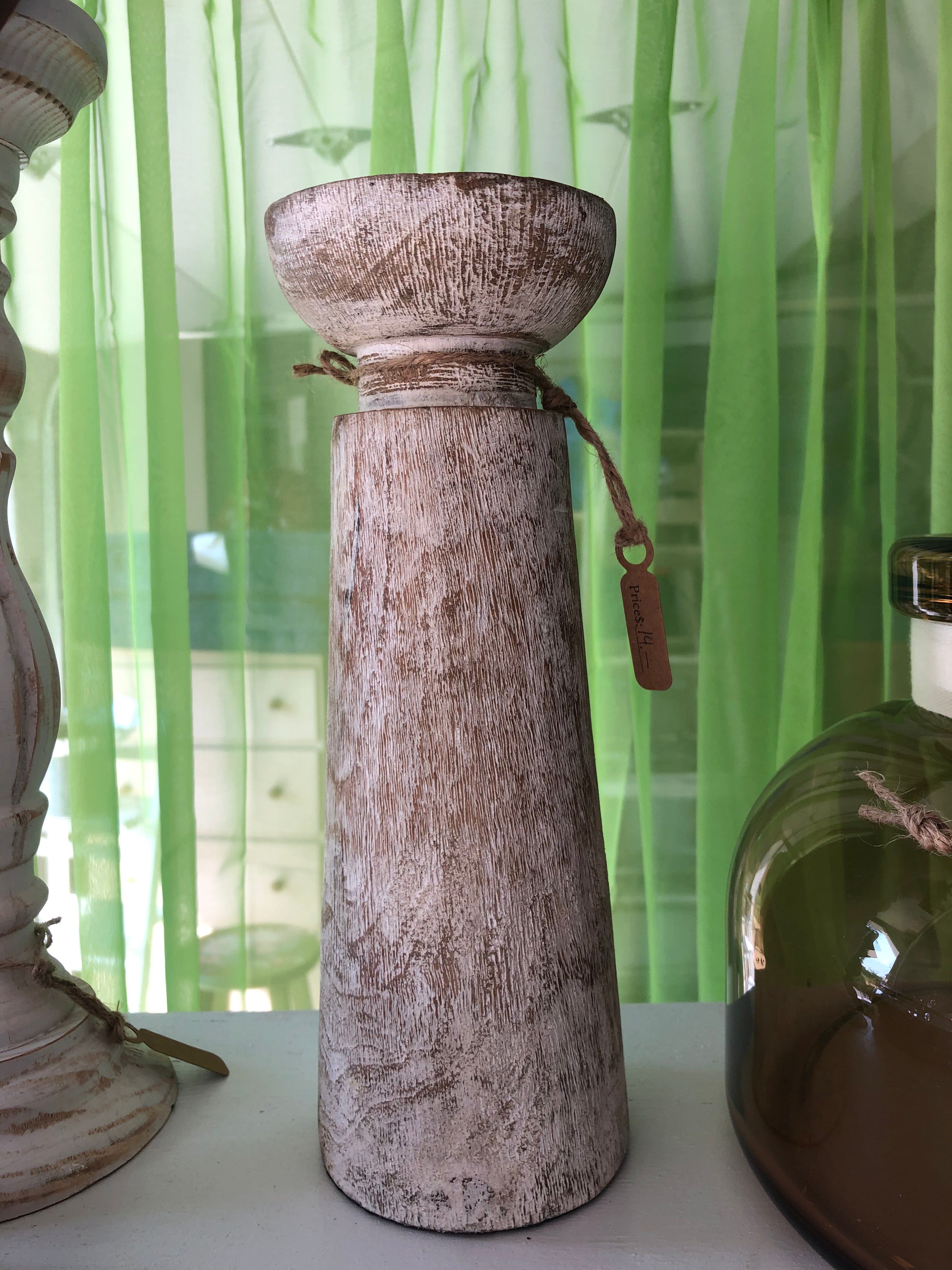 Uniquely shaped White Washed Wood Distressed Candlestick