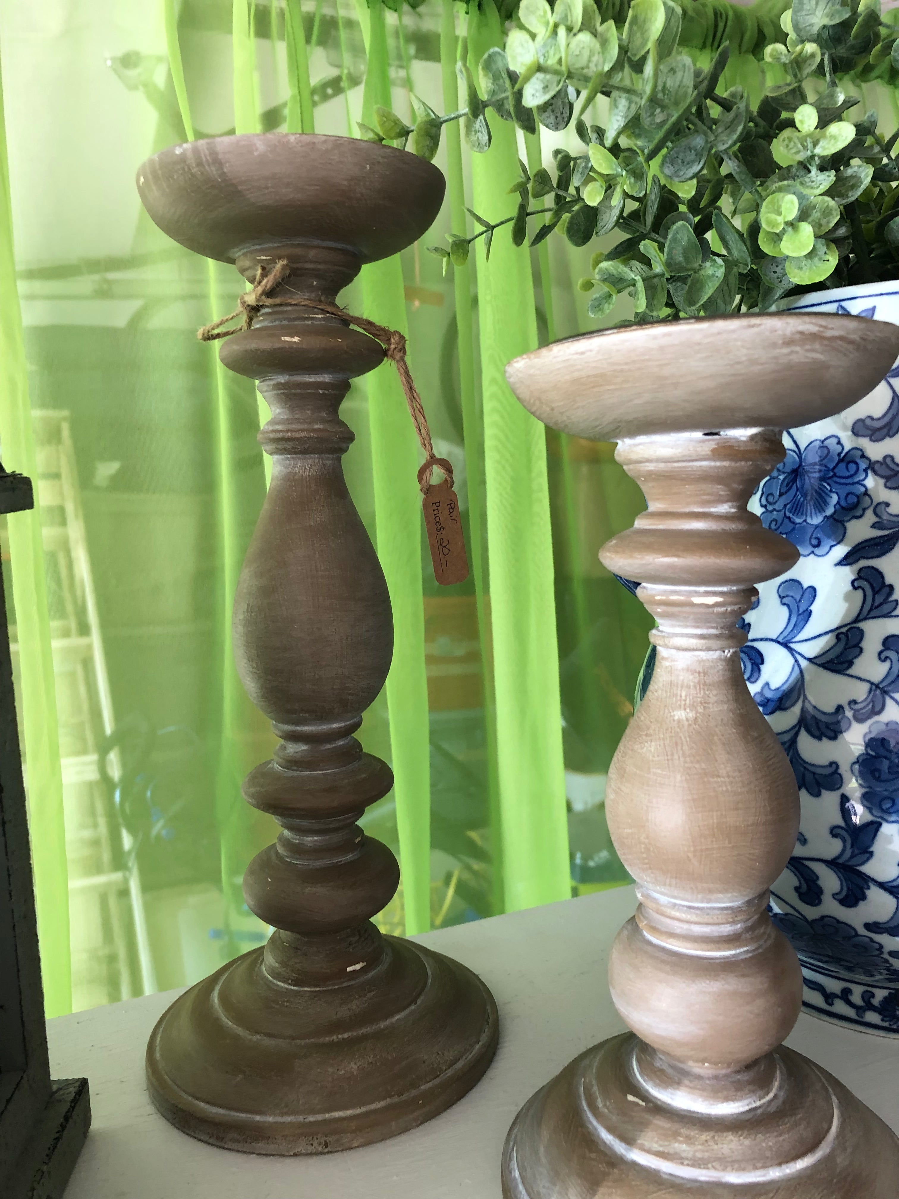 Pair of Beige Whitewashed Candlesticks