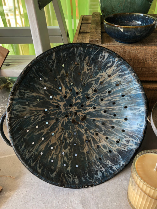 Antique Blue and White Marbleized Enamel Strainer.