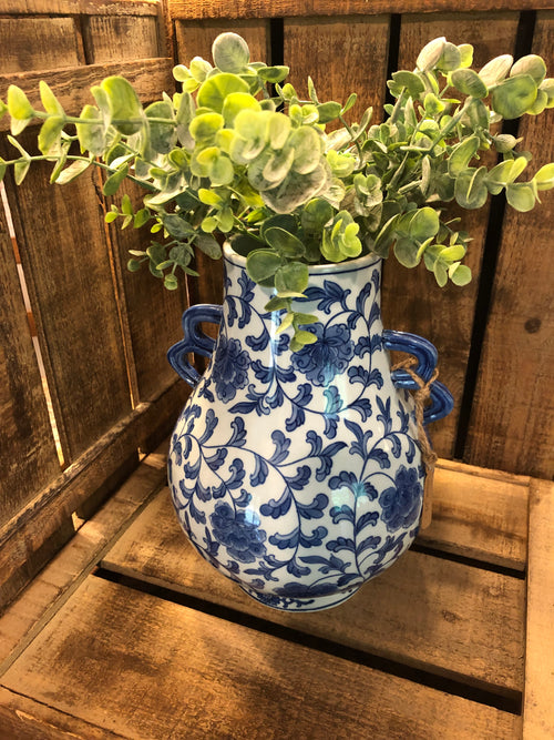 Asian Inspired Blue and White Ceramic Vase with Faux Eucalyptus Plant