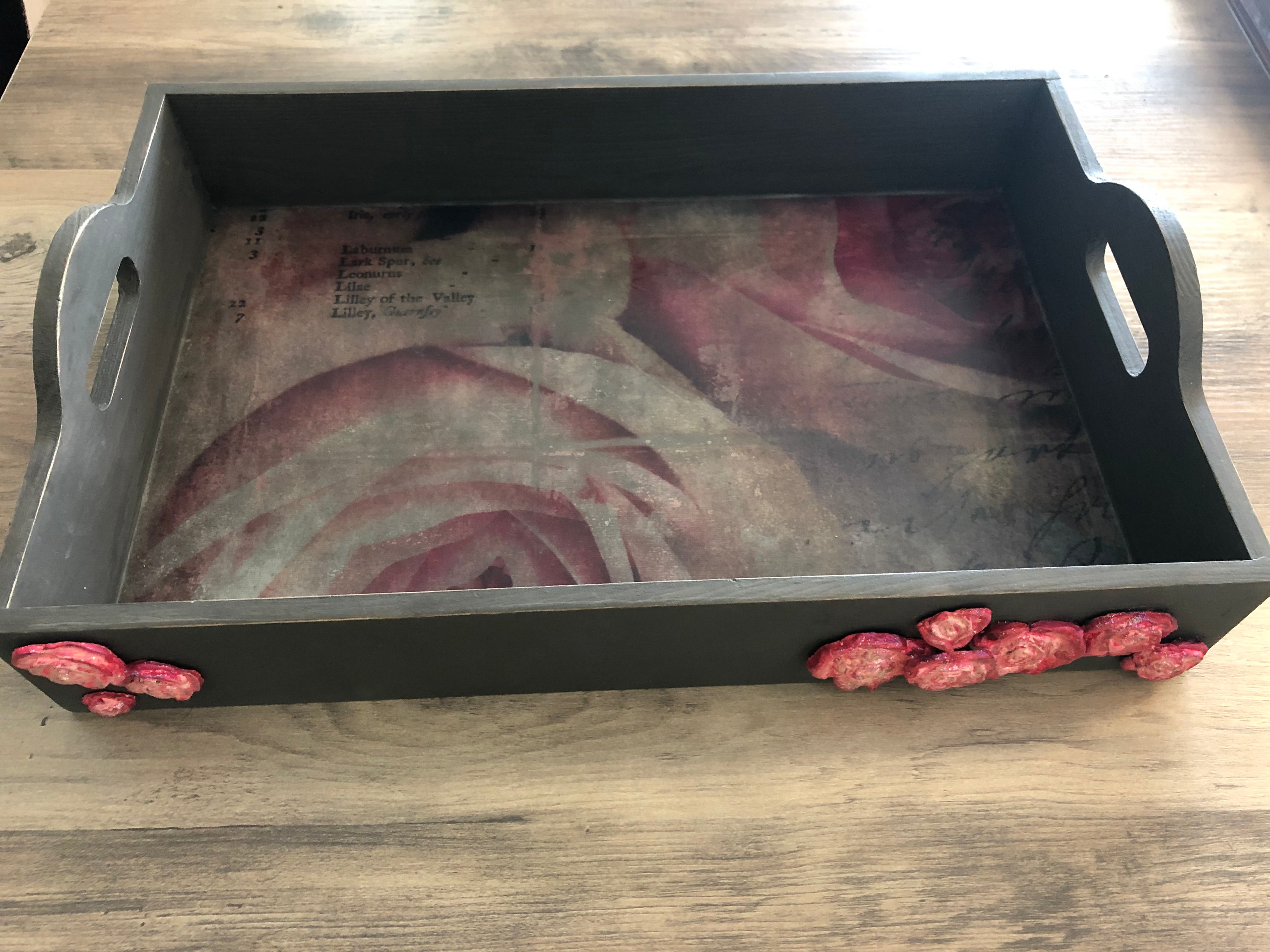 Upcycled Dark Gray Floral Tray with Roses